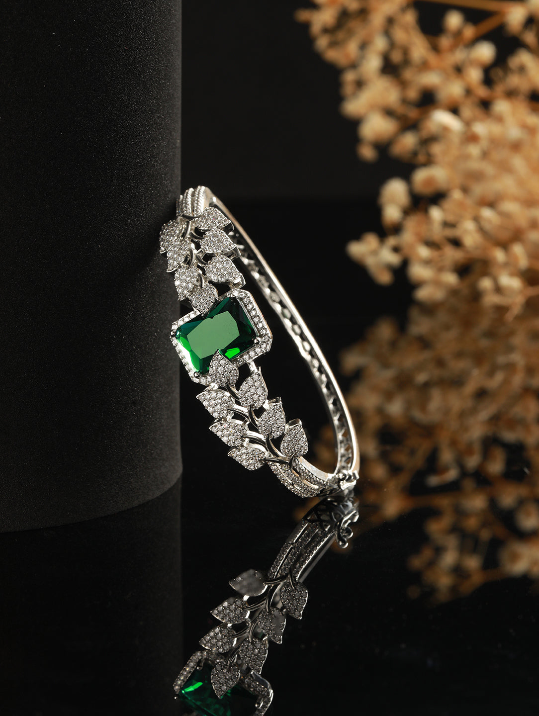 Silver Toned Green AD Studded Designer Handcrafted Bracelet